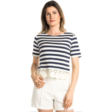 BLUSA CROPPED CHOLET MALHA LISTRADA - MARINHO