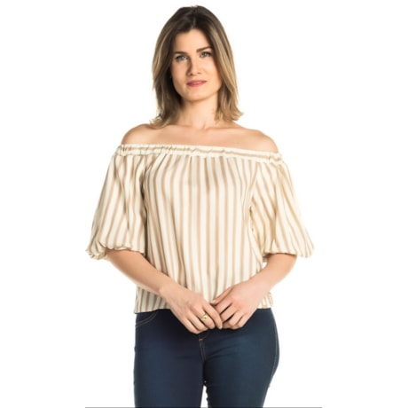 BLUSA CROPPED DZARM OMBRO A OMBRO LISTRAS - BEGE