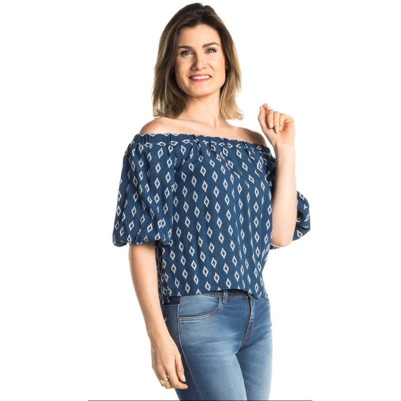 BLUSA CROPPED DZARM OMBRO A OMBRO  LOSANGOS - AZUL