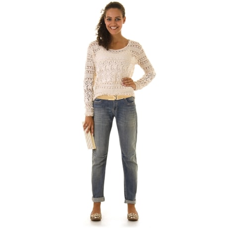 BLUSA DE GUIPURE C/ BORDADO - BEGE