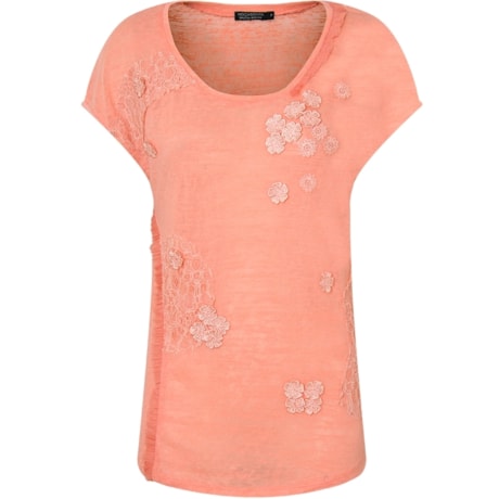 BLUSA EM MALHA COM APLIQUES EM RENDA - CORAL BLUSA EM MALHA COM APLIQUES EM RENDA - CORAL