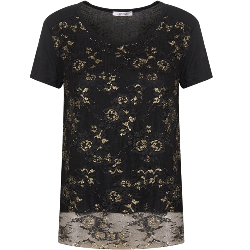 BLUSA EM RENDA COM DETALHES METALIZADOS FORRO EM MALHA - PRETO