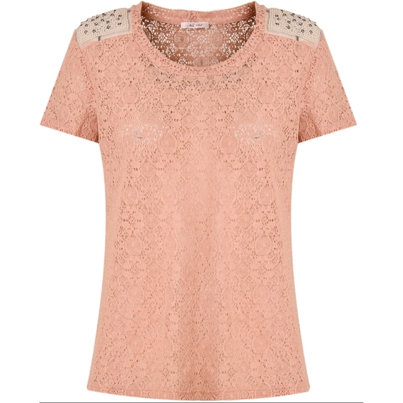 BLUSA EM RENDA M/C DETALHE BORDADO PÉROLA/ CRISTAIS - ROSÊ