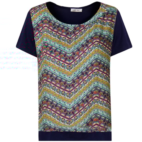 BLUSA EM TECIDO ESTAMPADO NA FRENTE E MALHA COSTAS E BARRA - MARINHO BLUSA EM TECIDO ESTAMPADO NA FRENTE E MALHA COSTAS E BARRA - MARINHO