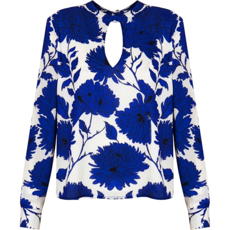 BLUSA ESTAMPADA M/L ABERTURA NO DECOTE - AZUL ROYAL