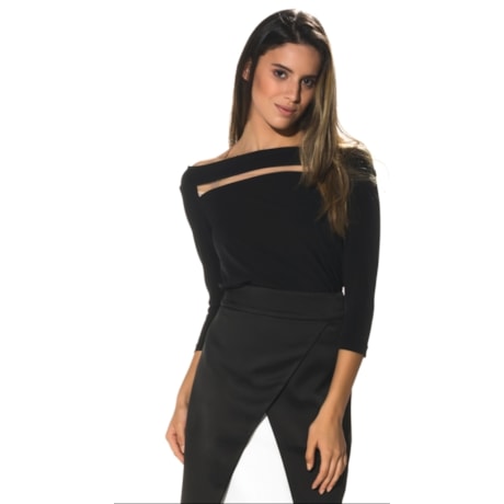 BLUSA JERSEY RECORTES ALPHORRIA  OMBRO A OMBRO MANGA 3/4 - PRETO
