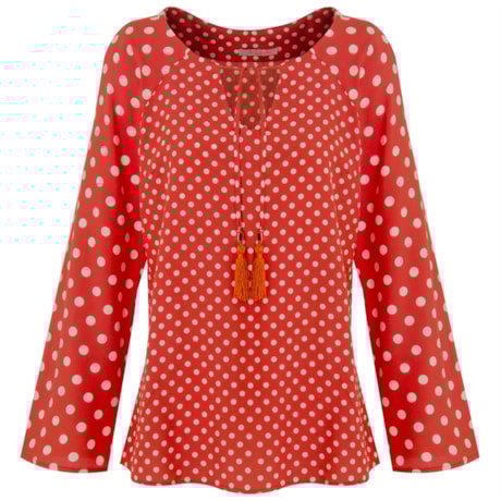 BLUSA LEVE SINO RAGLAN MIX ESTAMPA POIS E PETIT POIS - VERMELHO BLUSA LEVE SINO RAGLAN MIX ESTAMPA POIS E PETIT POIS - VERMELHO
