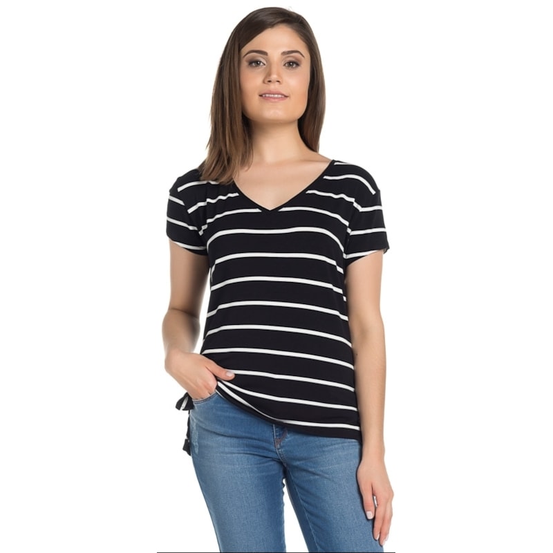 BLUSA LISTRADA COM DECOTE V EM MALHA DE VISCOSE DZARM - P&B
