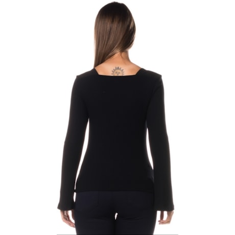 BLUSA LUCIDEZ MALHA CANELADA COM CREPE BOTOES - PRETO