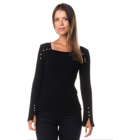 BLUSA LUCIDEZ MALHA CANELADA COM CREPE BOTOES - PRETO