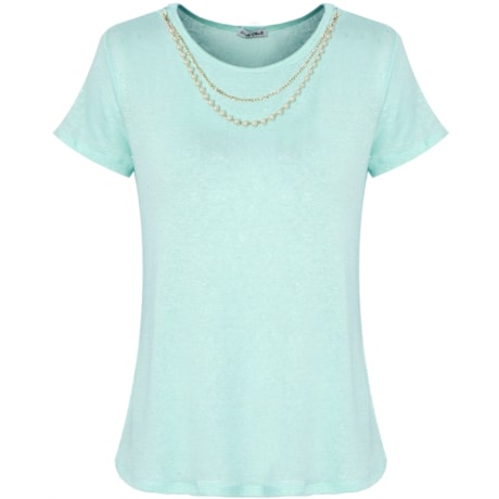 BLUSA MALHA COLAR DE PÉROLAS/ CORRENTE M/C - VERDE ÁGUA BLUSA MALHA COLAR DE PÉROLAS/ CORRENTE M/C - VERDE ÁGUA