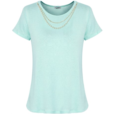 BLUSA MALHA COLAR DE PÉROLAS/ CORRENTE M/C - VERDE ÁGUA