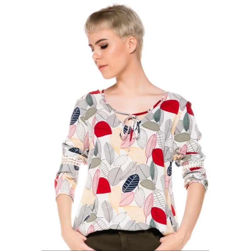 BLUSA MOÇA BONITA ESTAMPA FOLHAS DECOTE V COM TIRAS E MANGA LONGA COM DETALHE GUIPURE - OFF WHITE