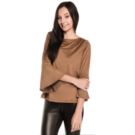 BLUSA NICE CLUB SUEDE MANGA FLARE 7/8 DECOTE CANOA - CAMELO