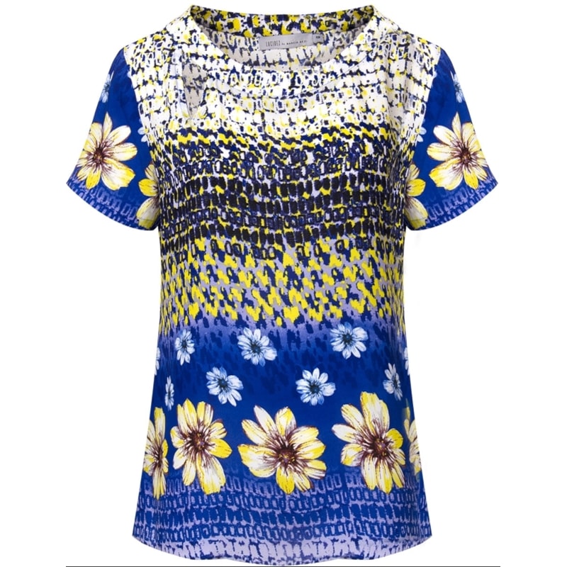 BLUSA SILK TOUCH MARGARIDAS DECOTE VAZADO CONCEIÇÃO - AZUL