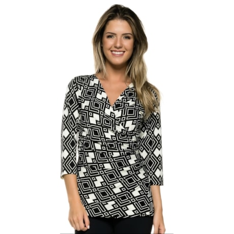 BLUSA SIMPLE LIFE TRASPASSADA DRAPEADO GEOMÉTRICA - P&B