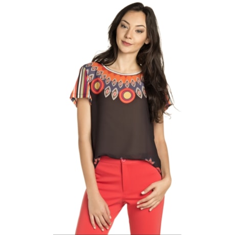 BLUSA STATI UNITI ESTAMPA ETNICA - PRETO