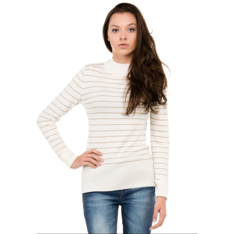 BLUSA TRICÔ TRIBECA CANELADA GOLA ALTA - BEGE