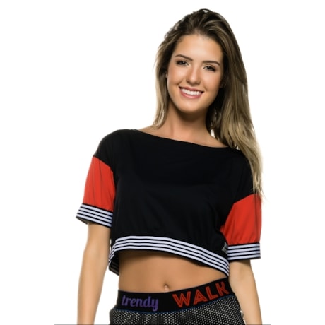 BLUSA WALK TRENDY  CROPPED MANGA CURTA - PRETO