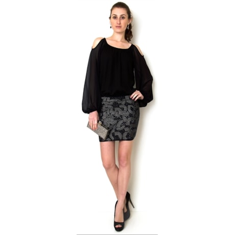 BODY M/L DETALHE OMBRO VAZADO EM SHIFFON - PRETO