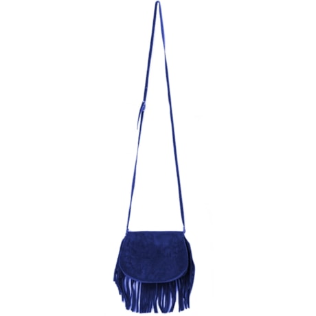 BOLSA EM CAMURÇA PEQUENA COM PESPONTO E FRANJA NA LAPELA - AZUL