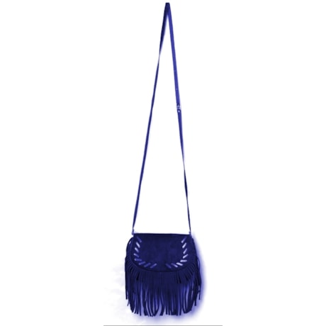 BOLSA EM CAMURÇA PEQUENA COM PESPONTO E FRANJA NA LAPELA - AZUL