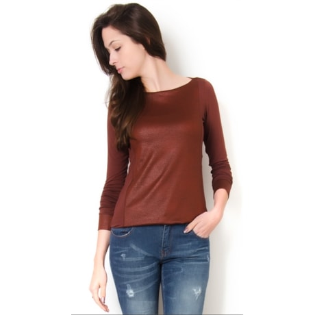 BORDA BARROCA - BLUSA MALHA DECOTE CANOA FRENTE SILK - CAFÉ