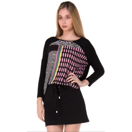 BORDA BARROCA - T-SHIRT FRENTE ESTAMPADA MANGA 7/8 - PRETO