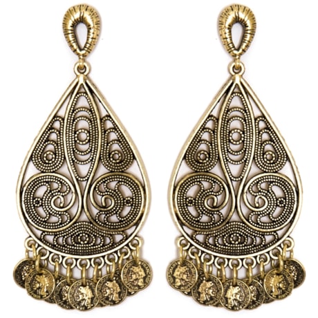 BRINCO GOTA METAL VAZADO/ MINI MOEDAS - OURO VELHO