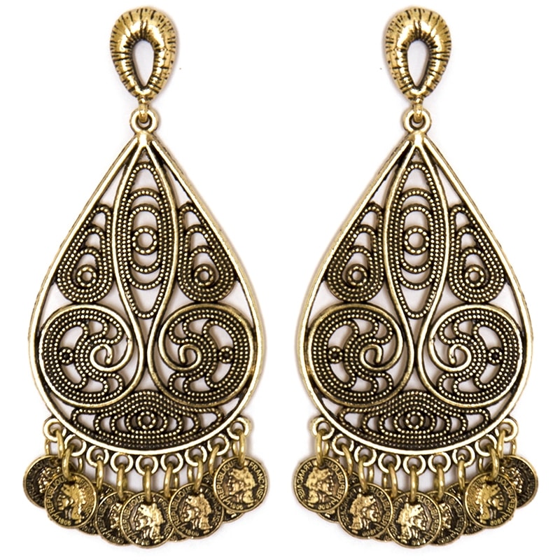 BRINCO GOTA METAL VAZADO/ MINI MOEDAS - OURO VELHO
