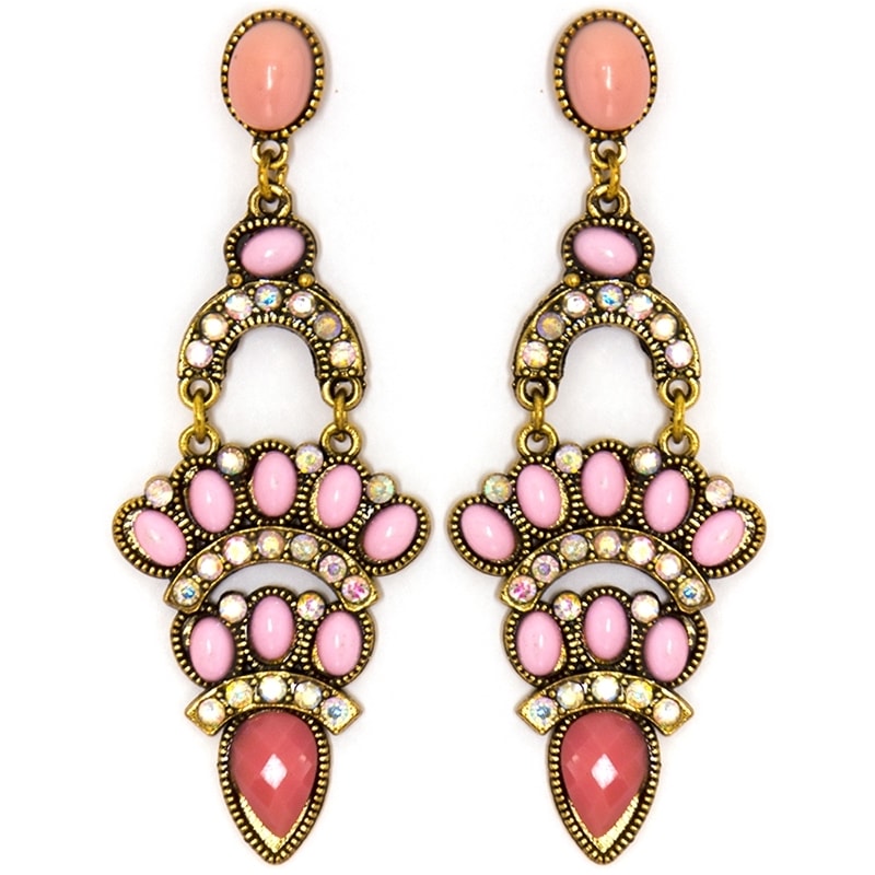 BRINCO LEQUE CONTAS/ STRASS PINGENTE GOTA - ROSA