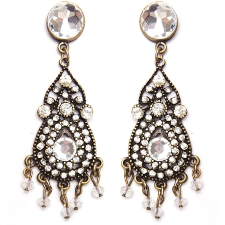 BRINCO METAL TRABALHADO STRASS E CRISTAL - OURO VELHO