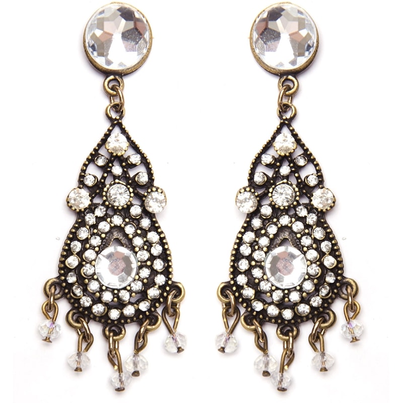 BRINCO METAL TRABALHADO STRASS E CRISTAL - OURO VELHO