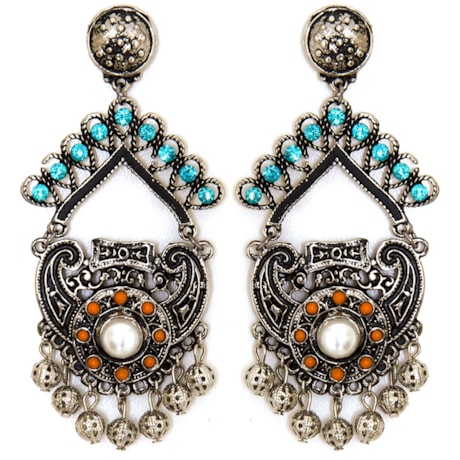 BRINCO PRATA VELHA DUAS PLACAS C/ CRISTAIS - TURQUESA