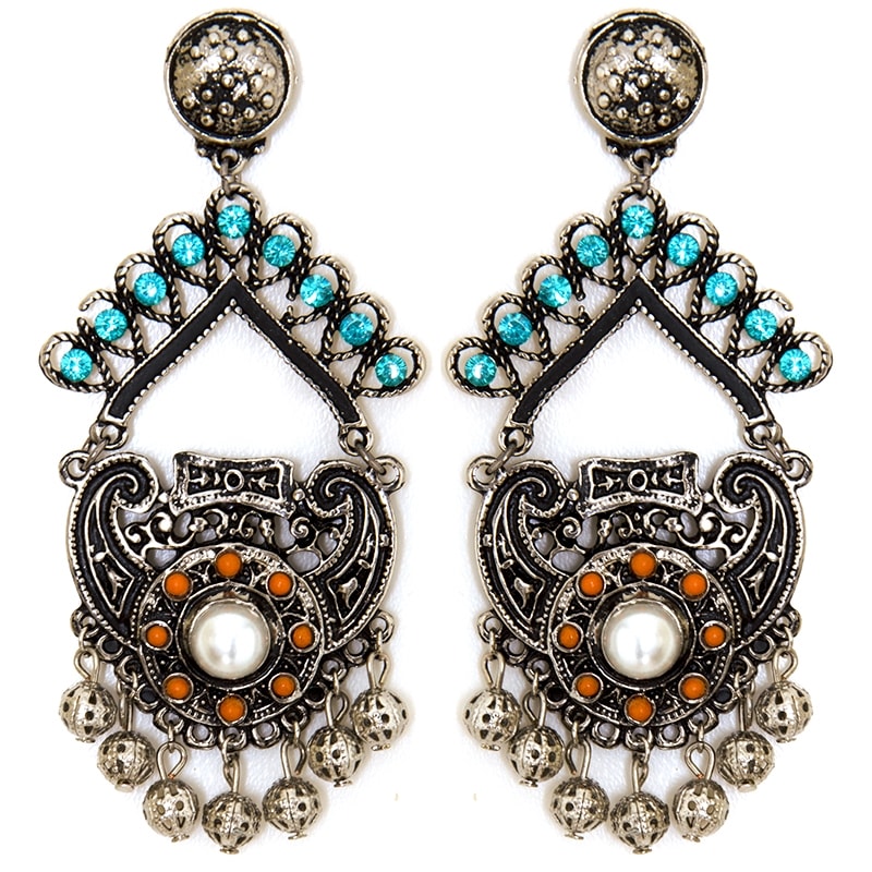 BRINCO PRATA VELHA DUAS PLACAS C/ CRISTAIS - TURQUESA