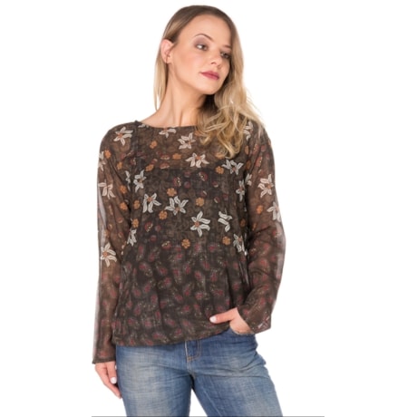 CANTÃO - BLUSA ESTAMPA GARDEN MANGA LONGA COM RENDA - MARROM