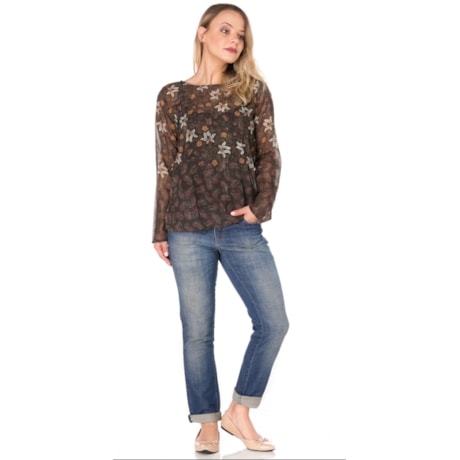 CANTÃO - BLUSA ESTAMPA GARDEN MANGA LONGA COM RENDA - MARROM