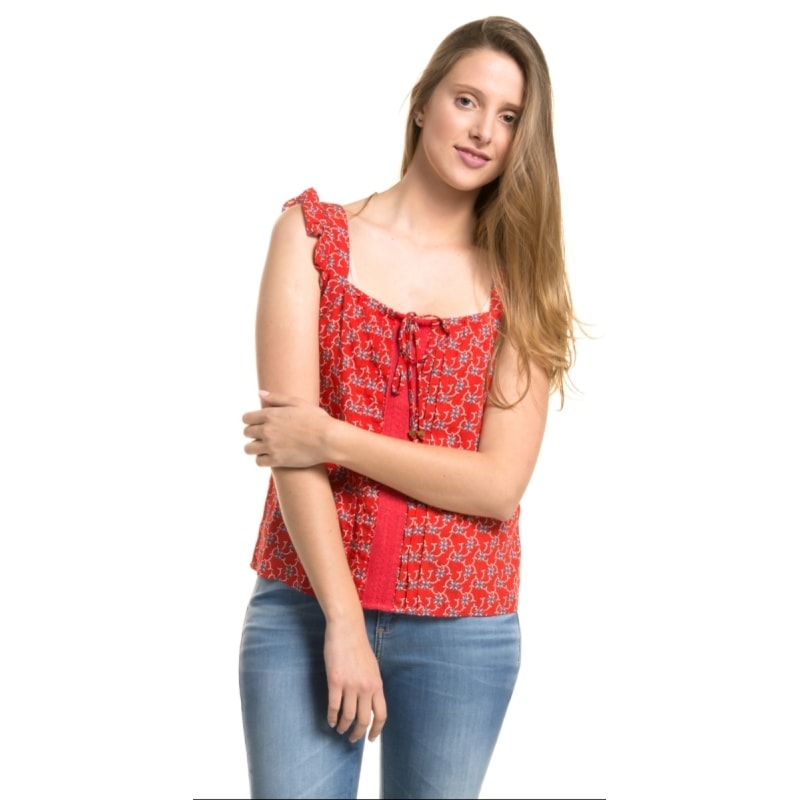 CANTÃO - BLUSA ESTAMPADA DECOTE QUADRADO DETALHE NERVURAS - VERMELHO