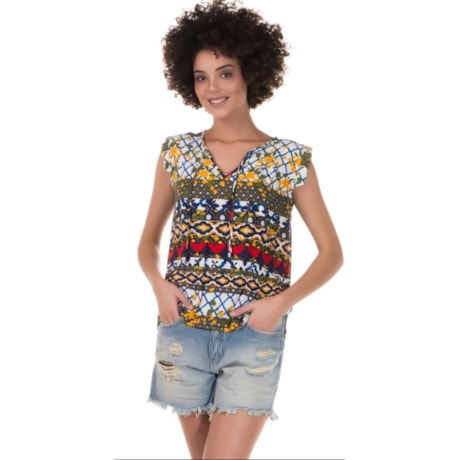 CANTÃO - BLUSA ESTAMPADA MANGA QUADRADA DECOTE V - OFF WHITE