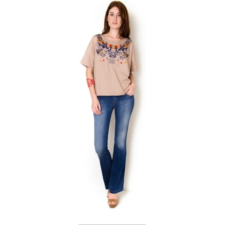 CANTÃO - BLUSA M/C MOLETOM CROPPED SILK BORDADO - KHAKI