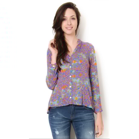 CANTÃO - CAMISA ESTAMPADA MAQUINETADA BABADO COSTAS - AZUL