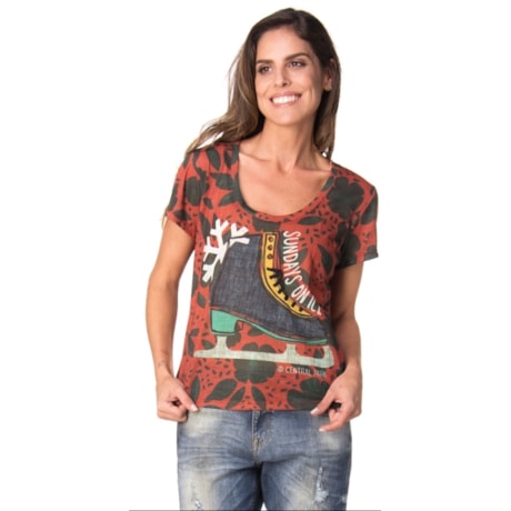 CANTÃO - T-SHIRT AMPLA ESTAMPA PATINS - FRAMBOESA