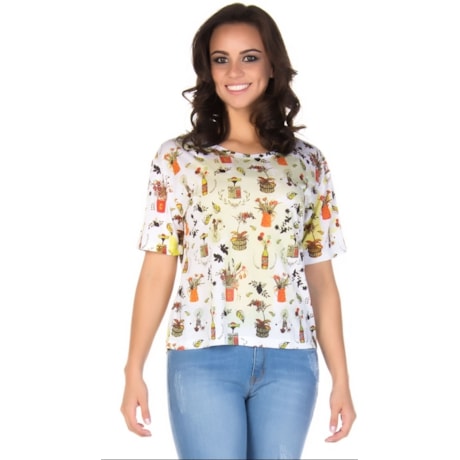 CANTÃO - T-SHIRT CROPPED ESTAMPA FLORICULTURA - BRANCO