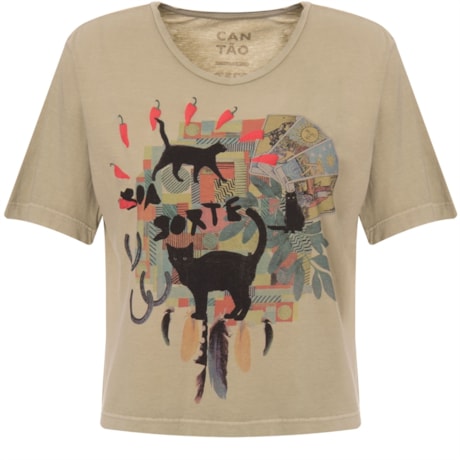 CANTÃO -  T-SHIRT CROPPED SILK GATO PRETO - VERDE