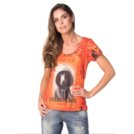 CANTÃO - T-SHIRT ESTAMPA BROOKLYN DOG - LARANJA