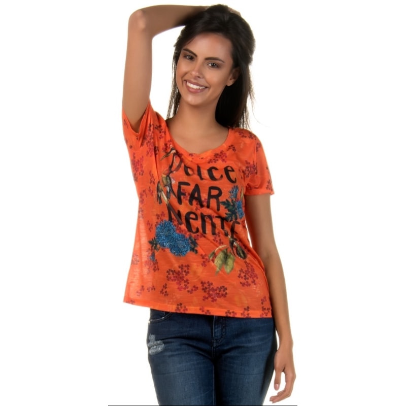 CANTÃO - T-SHIRT ESTAMPA DOLCE FAR NIENTE - LARANJA