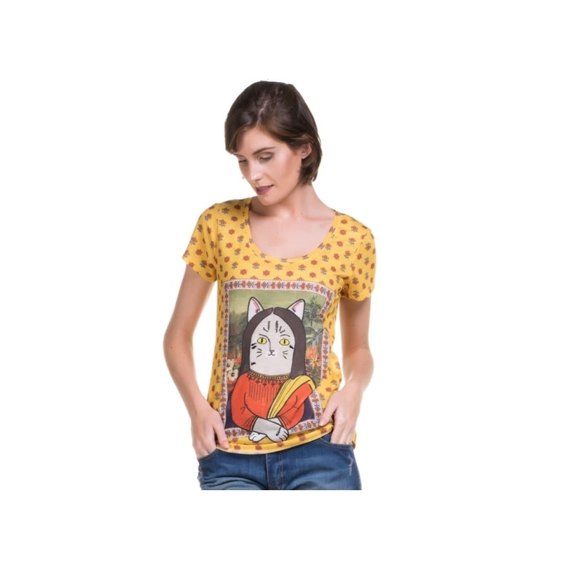 CANTÃO - T-SHIRT ESTAMPA MONA CAT - AMARELO