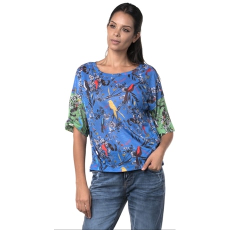 CANTÃO - T-SHIRT ESTAMPA PÁSSAROS BICOLOR - AZUL