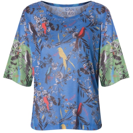 CANTÃO - T-SHIRT ESTAMPA PÁSSAROS BICOLOR - AZUL
