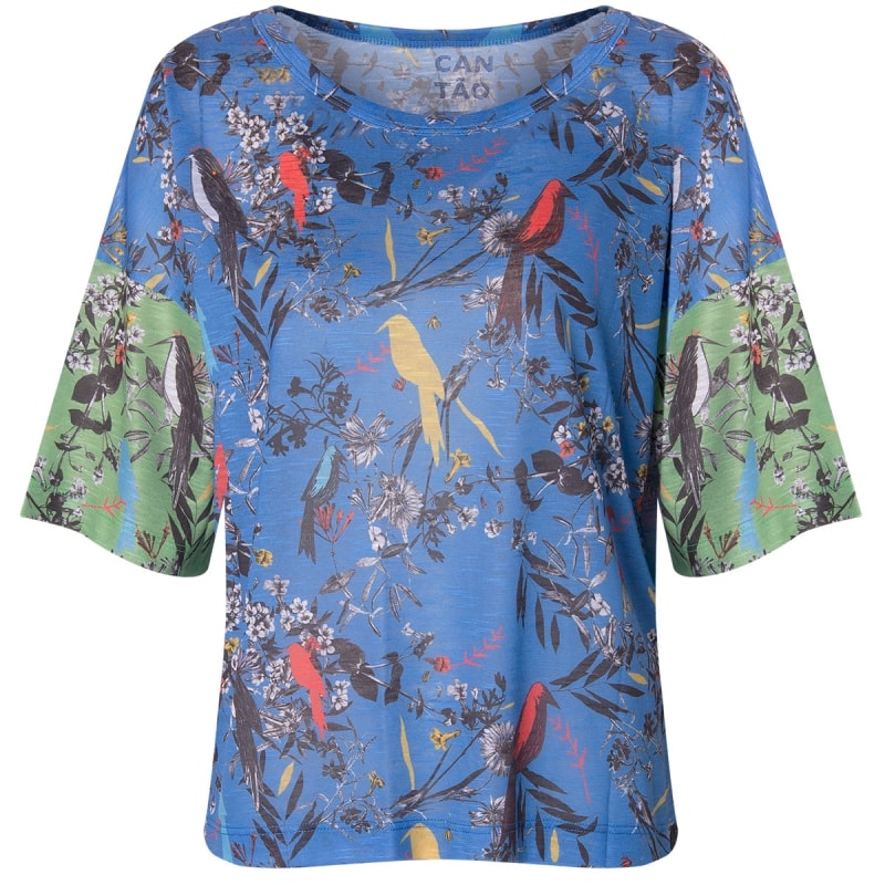 CANTÃO - T-SHIRT ESTAMPA PÁSSAROS BICOLOR - AZUL